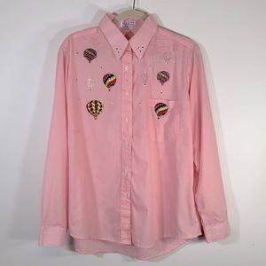 The Blue Embellished Hot Air Balloons Pinstripe Button Up Women’s Size M Shirt